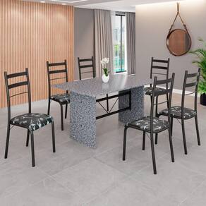 Conjunto Sala de Jantar Mesa Retangular 140x75cm Tampo Granito Ocre 6 Cadeiras Marselha Preto Floral / Preto Fosco