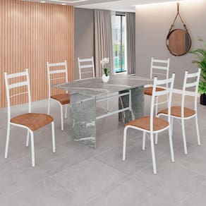 Conjunto Sala de Jantar Mesa Retangular 140x75cm Tampo Granito Topázio 6 Cadeiras Marselha C. Marrom / Branco