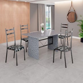 Conjunto Sala de Jantar Mesa Retangular 120x75cm Tampo Granito Ocre 4 Cadeiras Marselha Preto Floral / Mart Prata