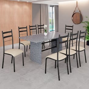 Conjunto Sala de Jantar Mesa Retangular 180x75cm Tampo Granito Ocre 8 Cadeiras Marselha Creme / Preto Fosco