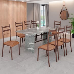 Conjunto Sala de Jantar Mesa Retangular 180x75cm Tampo Granito Topázio 8 Cadeiras Marselha C. Marrom / Marrom