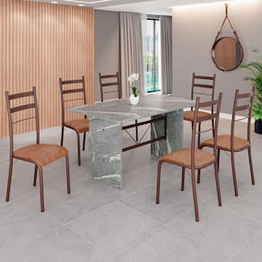 Conjunto Sala de Jantar Mesa Retangular 140x75cm Tampo Granito Topázio 6 Cadeiras Marselha C. Marrom