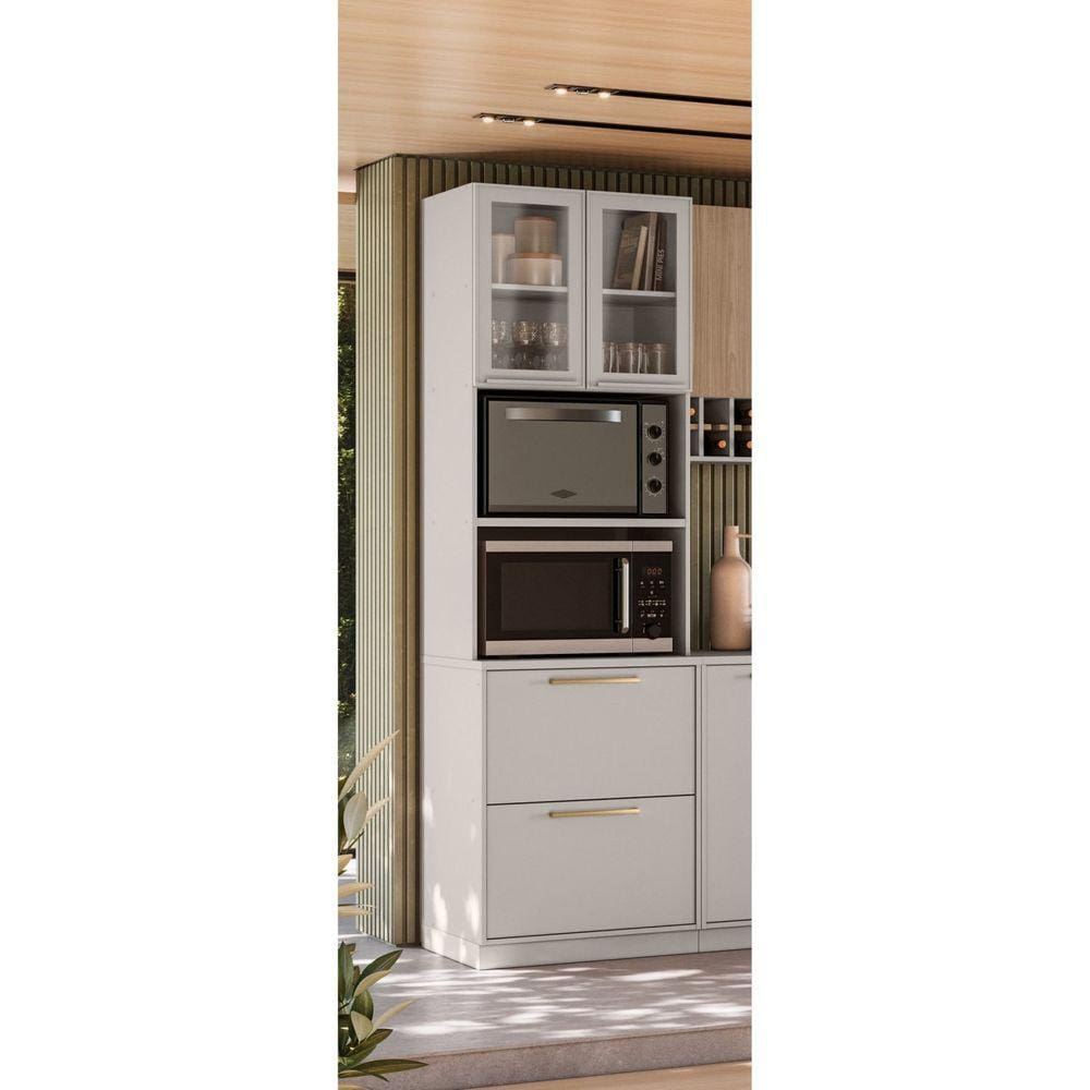 Paneleiro Torre Quente 3 Portas 1 Gaveta 230cm de Altura 2 Nichos Forno e Microondas em Mdf Essence Cinza