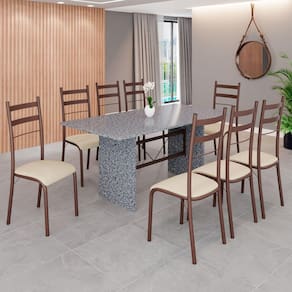 Conjunto Sala de Jantar Mesa Retangular 180x75cm Tampo Granito Ocre 8 Cadeiras Marselha Creme / Marrom