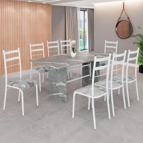 Conjunto Sala de Jantar Mesa Retangular 180x75cm Tampo Granito Topázio 8 Cadeiras Marselha Paraopeba / Branco
