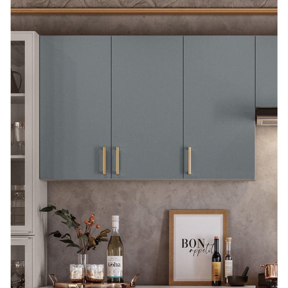 Armário Aéreo 3 Portas 120cm 100% Mdf Dobradiças Slow Motion Essence Cinza/Gris