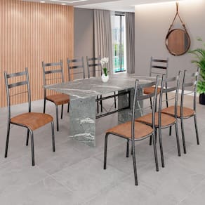 Conjunto Sala de Jantar Mesa Retangular 180x75cm Tampo Granito Topázio 8 Cadeiras Marselha C. Marrom / Mart Prata