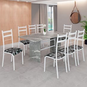 Conjunto Sala de Jantar Mesa Retangular 180x75cm Tampo Granito Topázio 8 Cadeiras Marselha Preto Floral / Branco
