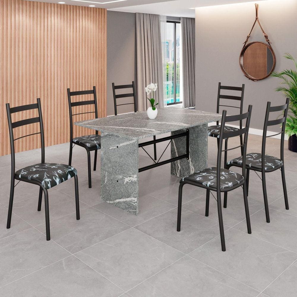 Conjunto Sala de Jantar Mesa Retangular 140x75cm Tampo Granito Topázio 6 Cadeiras Marselha Preto Floral / Preto Fosco