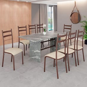Conjunto Sala de Jantar Mesa Retangular 180x75cm Tampo Granito Topázio 8 Cadeiras Marselha Creme / Marrom