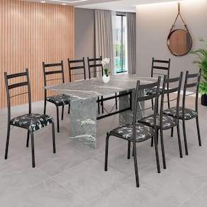 Conjunto Sala de Jantar Mesa Retangular 180x75cm Tampo Granito Topázio 8 Cadeiras Marselha Preto Floral / Preto Fosco