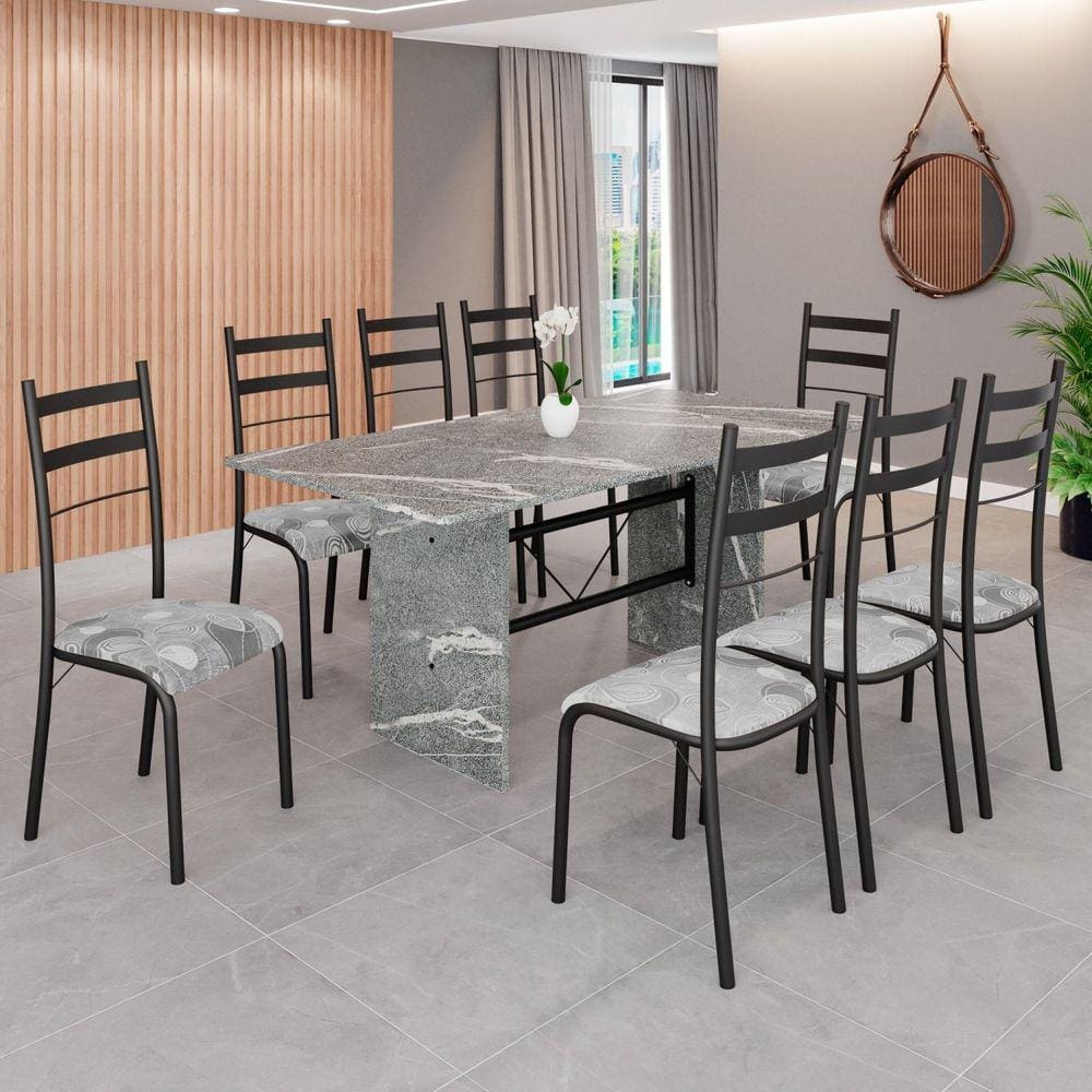 Conjunto Sala de Jantar Mesa Retangular 180x75cm Tampo Granito Topázio 8 Cadeiras Marselha Paraopeba/ Preto Fosco