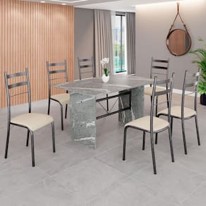 Conjunto Sala de Jantar Mesa Retangular 140x75cm Tampo Granito Topázio 6 Cadeiras Marselha Creme / Mart Prata