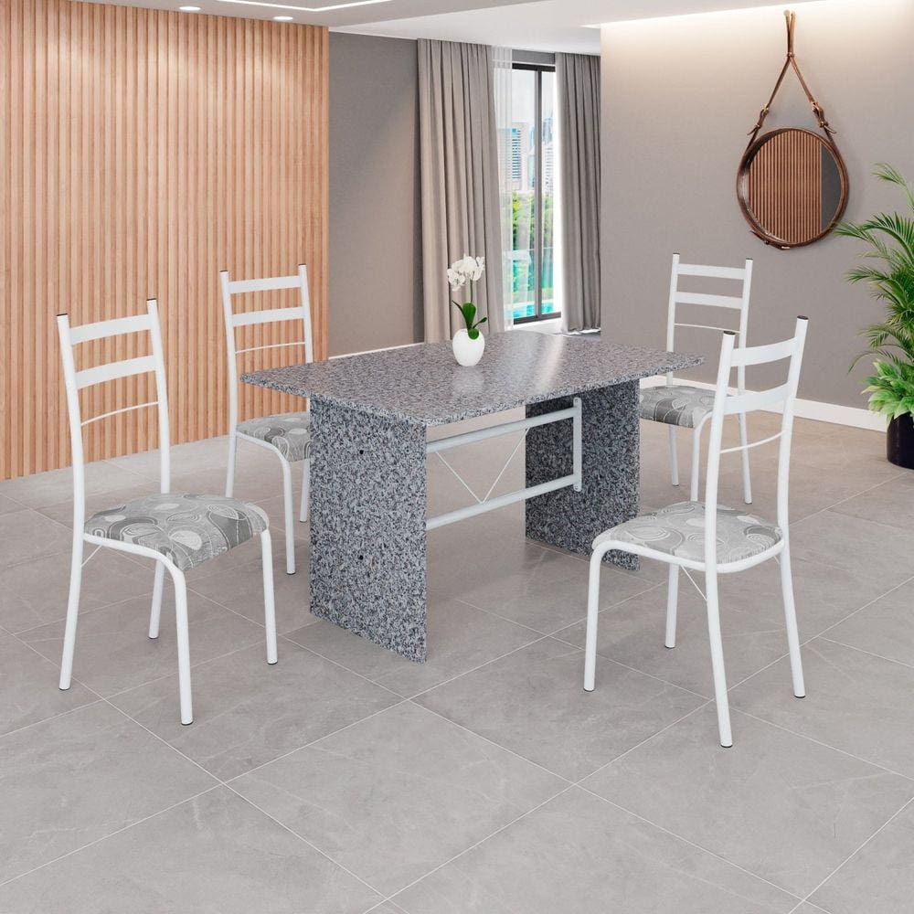 Conjunto Sala de Jantar Mesa Retangular 120x75cm Tampo Granito Ocre 4 Cadeiras Marselha Paraopeba / Branco