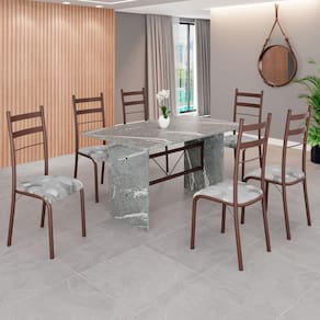 Conjunto Sala de Jantar Mesa Retangular 140x75cm Tampo Granito Topázio 6 Cadeiras Marselha Paraopeba / Marrom