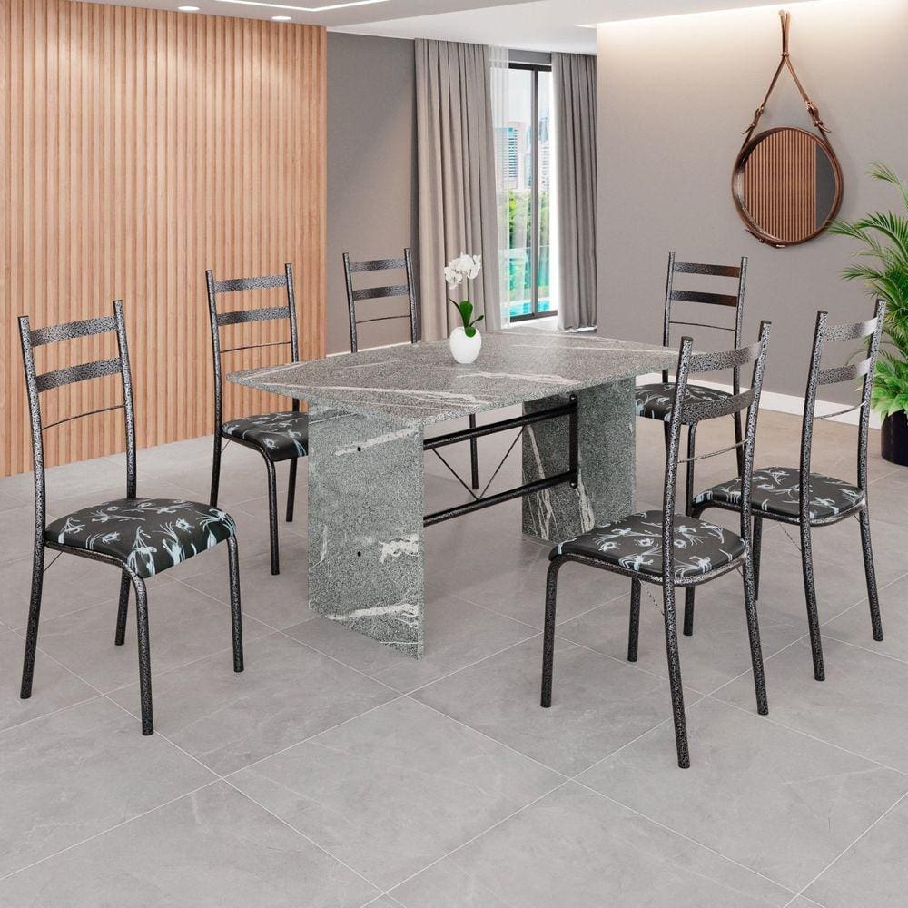Conjunto Sala de Jantar Mesa Retangular 140x75cm Tampo Granito Topázio 6 Cadeiras Marselha Preto Floral / Mart Prata