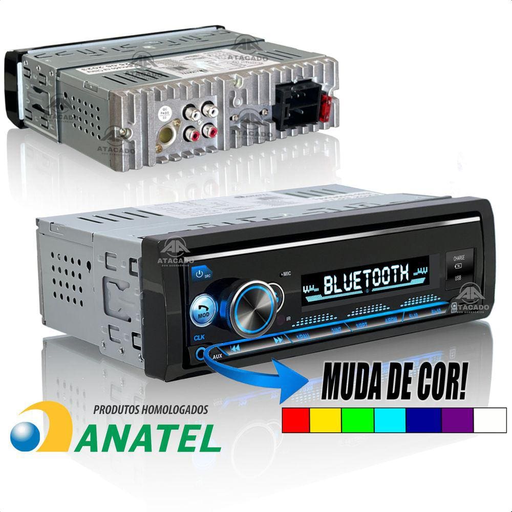 Aparelho De Som Rádio FM MP3 Para Carro Melhor Mais Forte Com Bluetooth 2 entradas USB 7 cores em 1