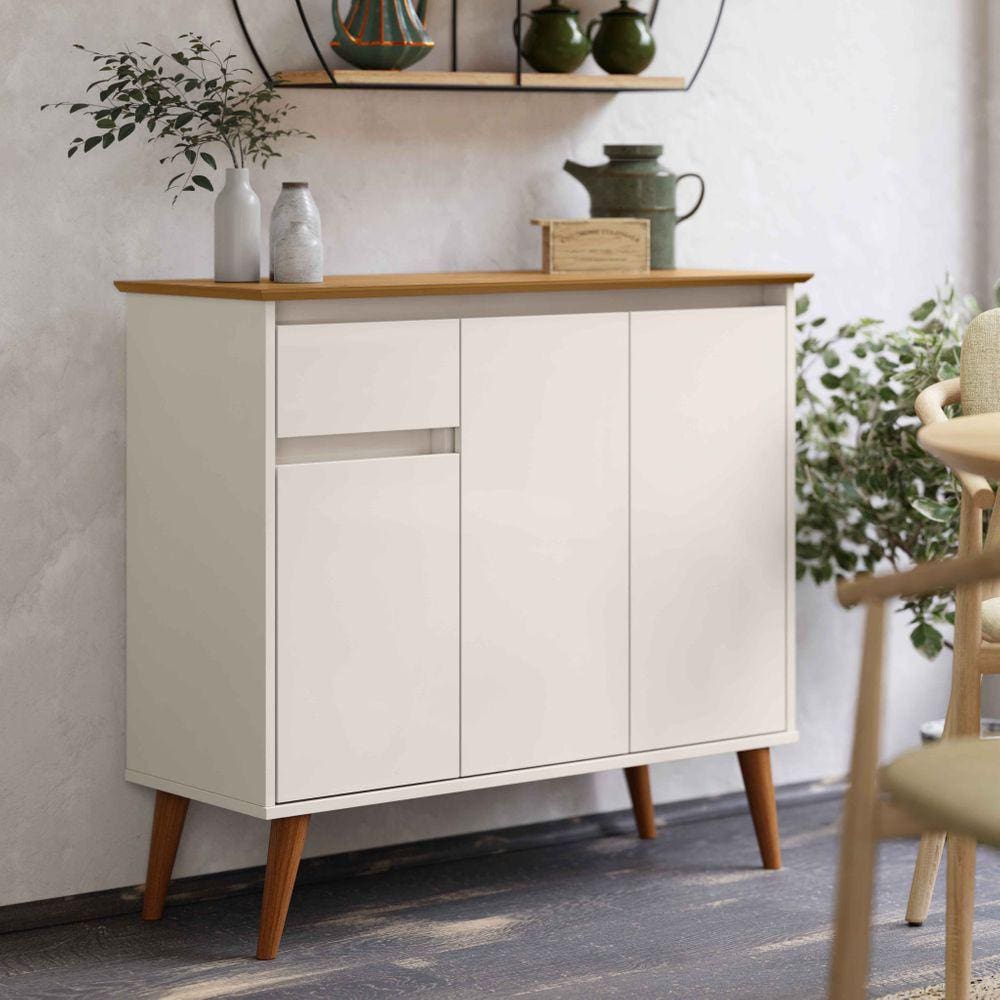 Aparador Buffet Sala Veneza 3 Portas 1 Gaveta OffWhite com Freijó - Rede Móveis