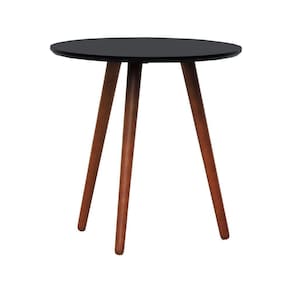 Mesa Lateral Tripé Tampo Mdf E Pés Madeira Eucalipto Maciço - Amêndoa Preto