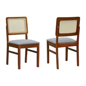 Kit 2 Cadeiras Madeira Maciça Lyon Encosto Telinha Natural - Amêndoa Assento Estofado Linho Cinza Mescla Impermeável