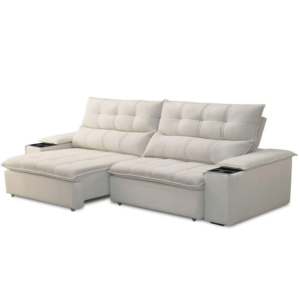 Sofá Retrátil Reclinável Para Sala de Estar Living 250cm Ártico F04 Veludo Bege - Lyam Decor
