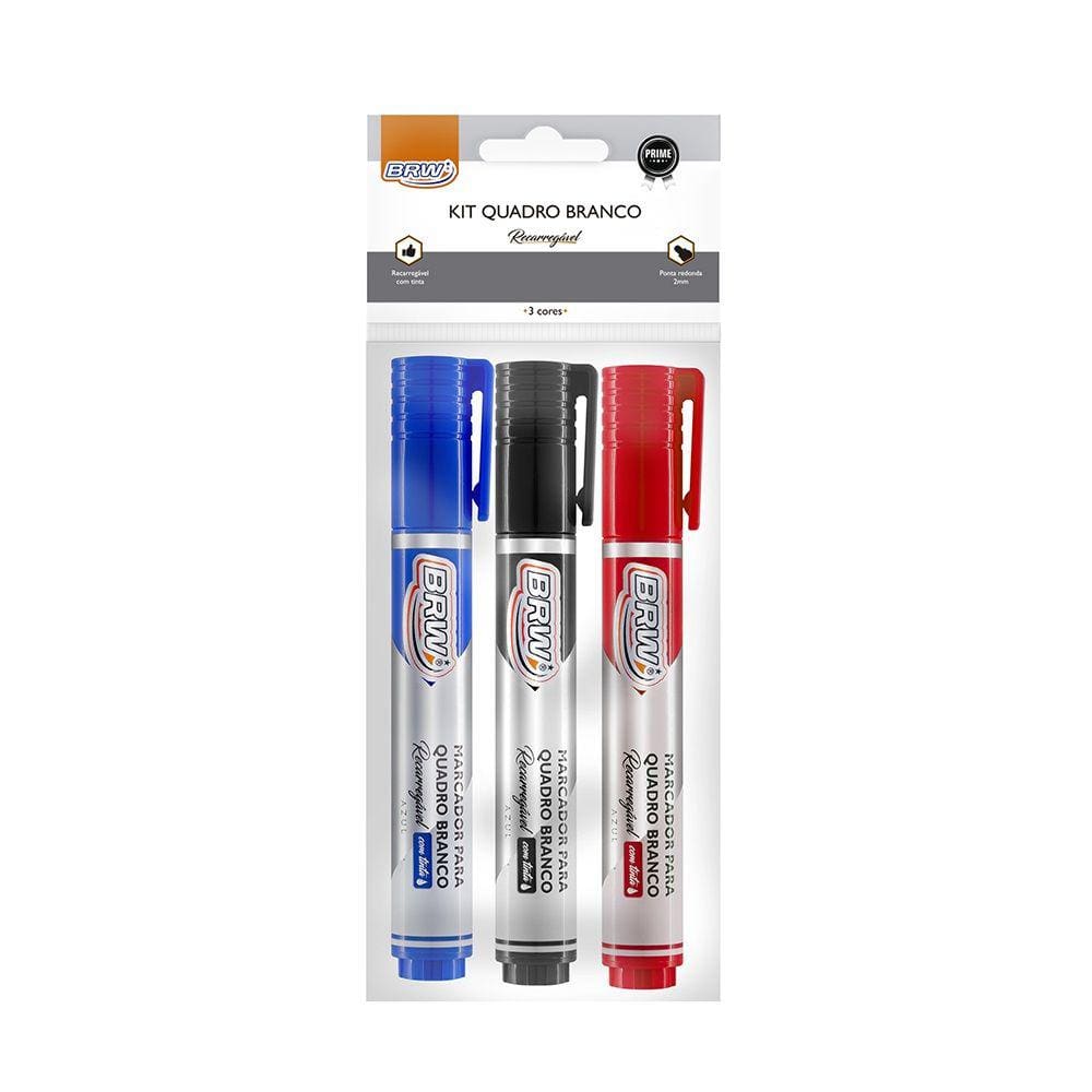 Kit Marcador p/ Quadro Branco Recarregável Azul, Vermelho e Preto 3 Un BRW
