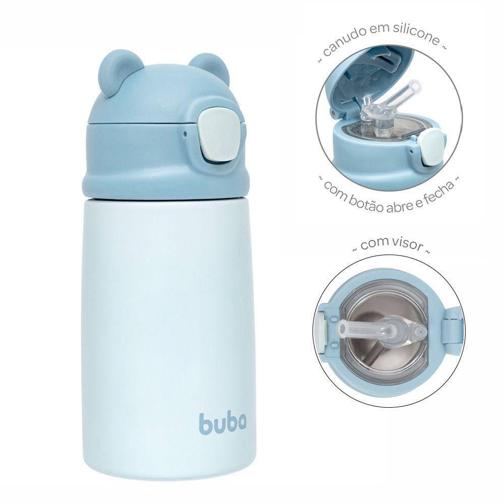 Copo Ursinho Térmico Parede Dupla com Canudo 320ml Azul Buba 18076