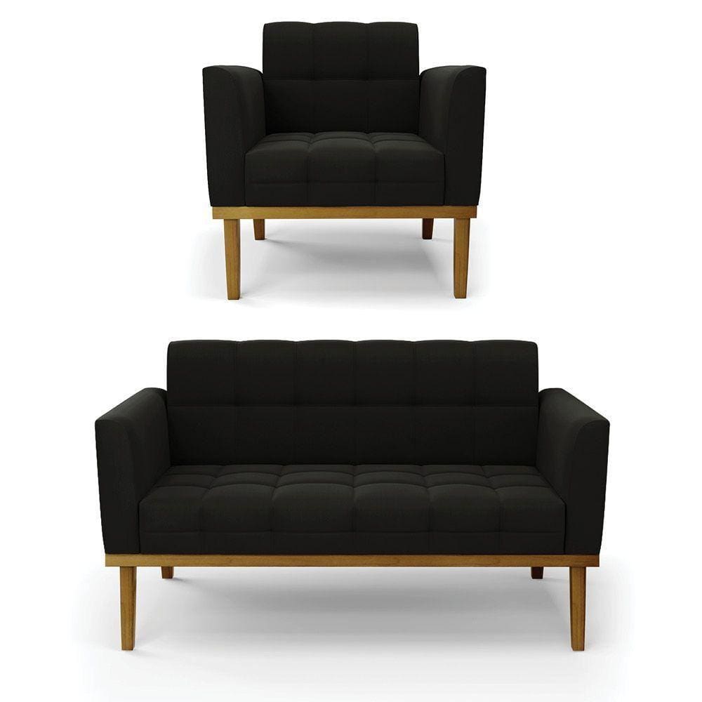 Namoradeira Com Poltrona Base De Madeira Castanho Elisa Suede D03 - D\`rossi Cor Preto