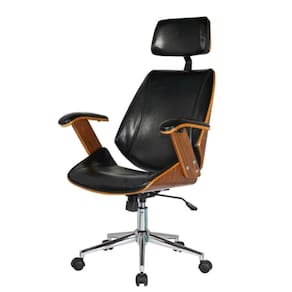 Cadeira Giratória Lisboa Bergen Rivattis C/ Encosto De Cabeça Madeira Laminada Pu Preto Base Rodízio