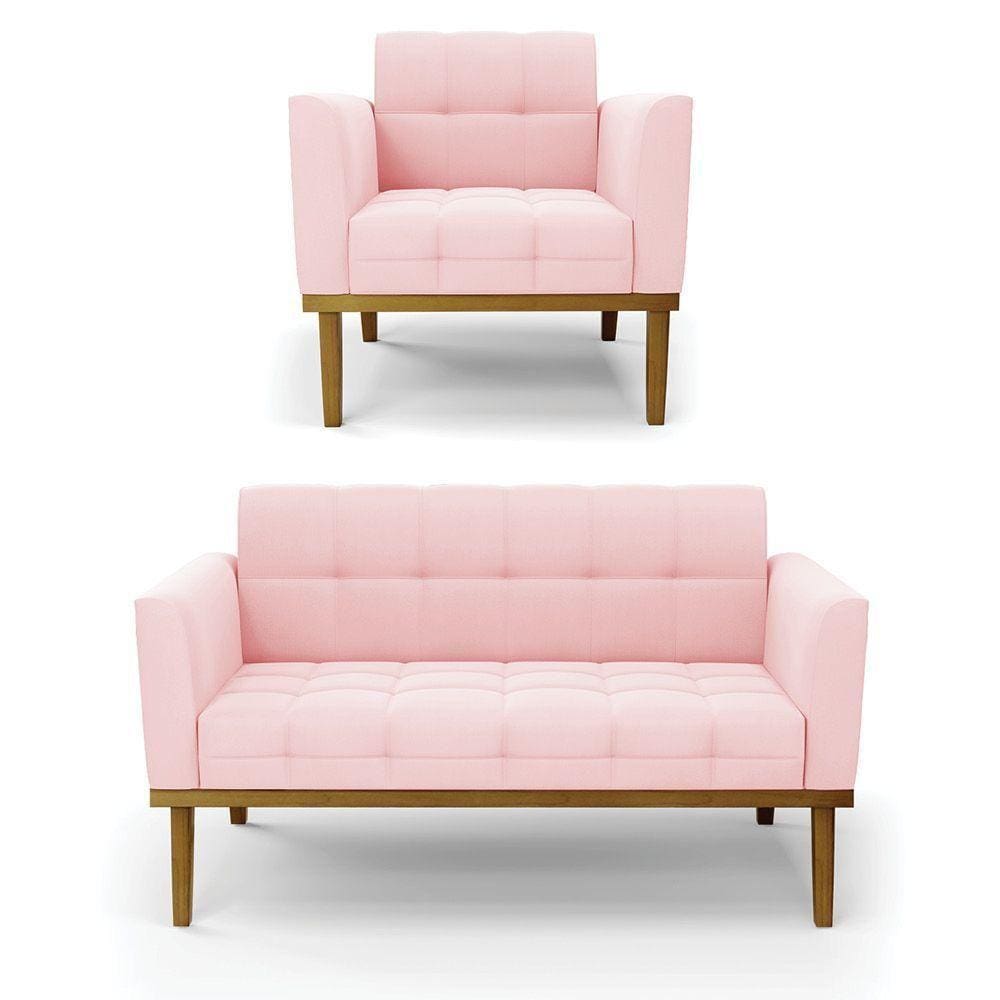 Namoradeira Com Poltrona Base De Madeira Castanho Elisa Suede D03 - D\`rossi Cor Rosa Bebê