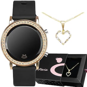 Colar coração + relogio feminino digital banhado dourado casual maria preto moda social