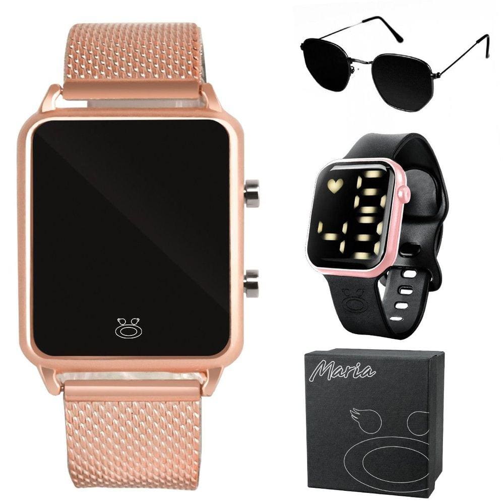 2 relogio feminino digital led rose + oculos sol + caixa casual moda rosa preto rose
