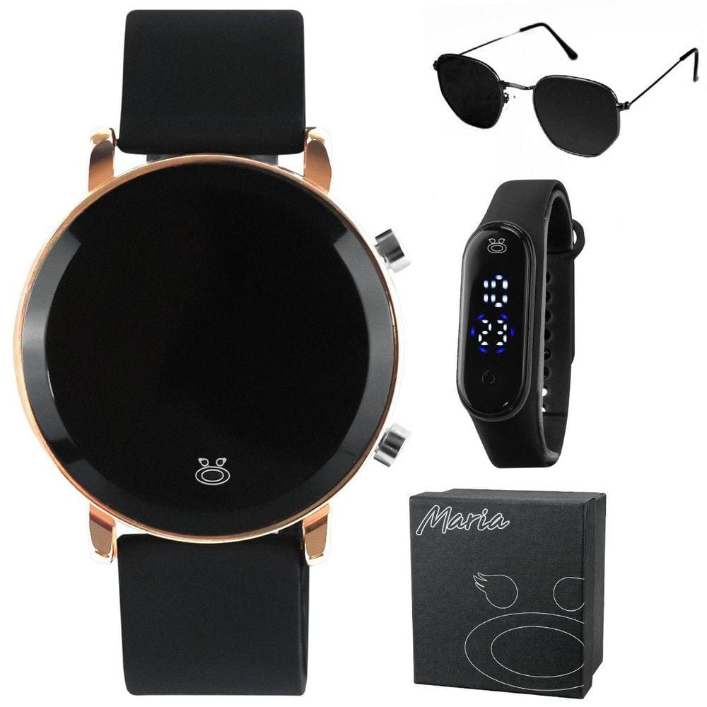 Relogio aço inox feminino banhado digital + oculos sol + caixa maria moda preto dourado