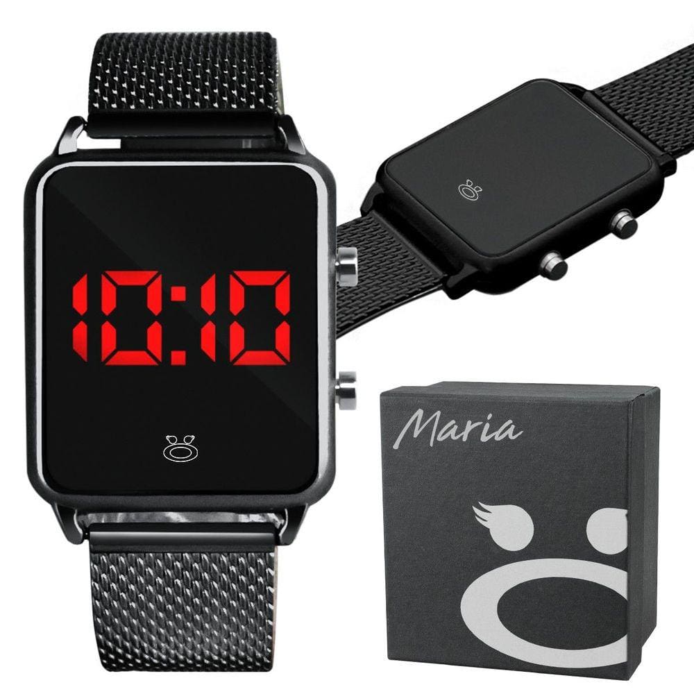 Relogio feminino digital qualidade premium preto + caixa led casual moda presente led ajustavel