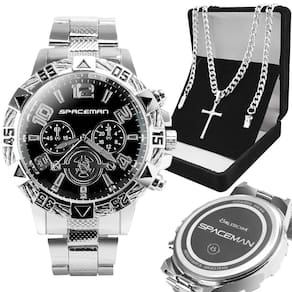 Relogio masculino prata + cordão cruz + pulseira grumet religioso qualidade premium social presente