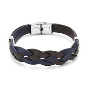 Bracelete Aço 21Cm 4 Tiras Couro Marrom/Azul Trab. Trançado