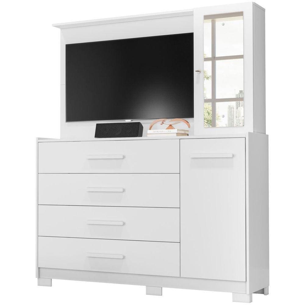 Cômoda Com Painel Para Tv 43 Ilha Bela 4 Gavetas Branco Fosco Liso