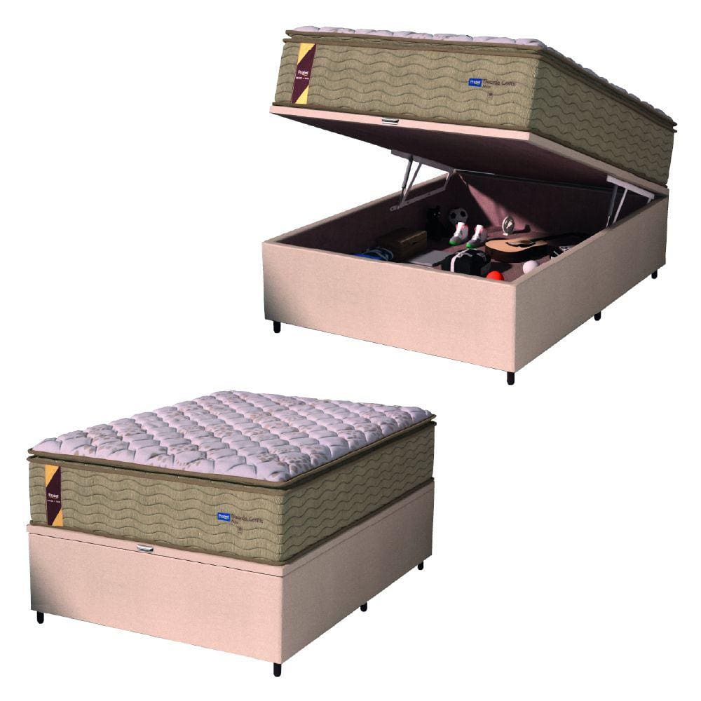 Cama Box Baú Colchão Casal Probel Molas Guarda Costas Max Pillow Top 138x188x81cm Branco / Bege - Suporta até 180kg por Pessoa