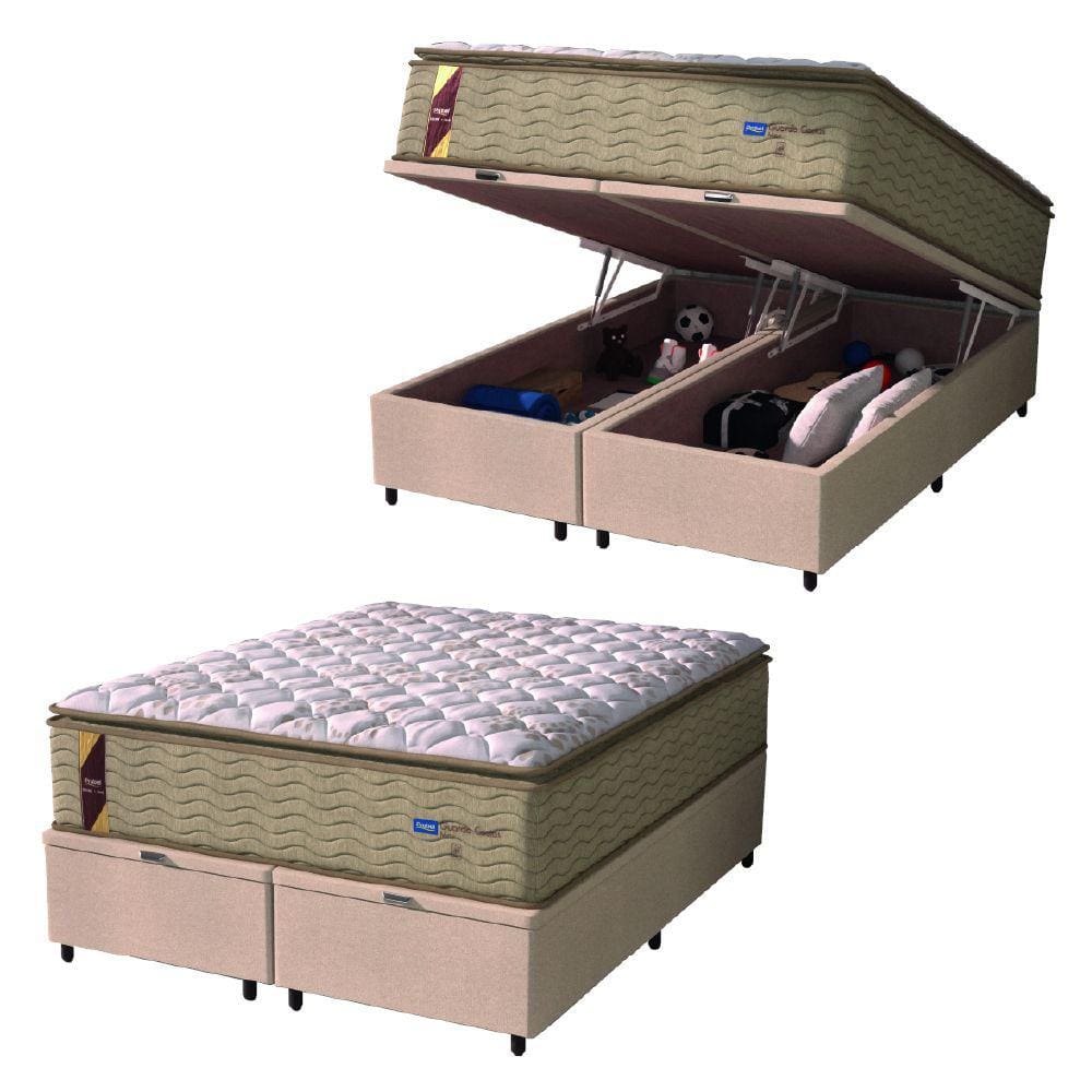 Cama Box Baú Colchão Casal Queen Probel Molas Guarda Costas Max Pillow Top 158x198x81cm Bege / Branco - Suporta até 180kg por Pessoa