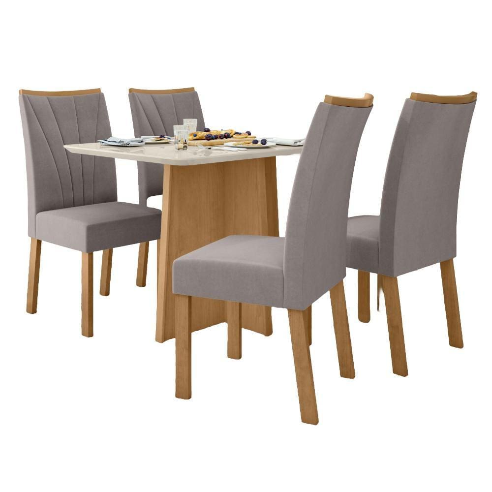 Conjunto Mesa de jantar Celebrare 1,20 c/ vidro e 4 Cadeiras Apogeu Tecido Veludo Liso Capuccino Amendoa Clean/off White