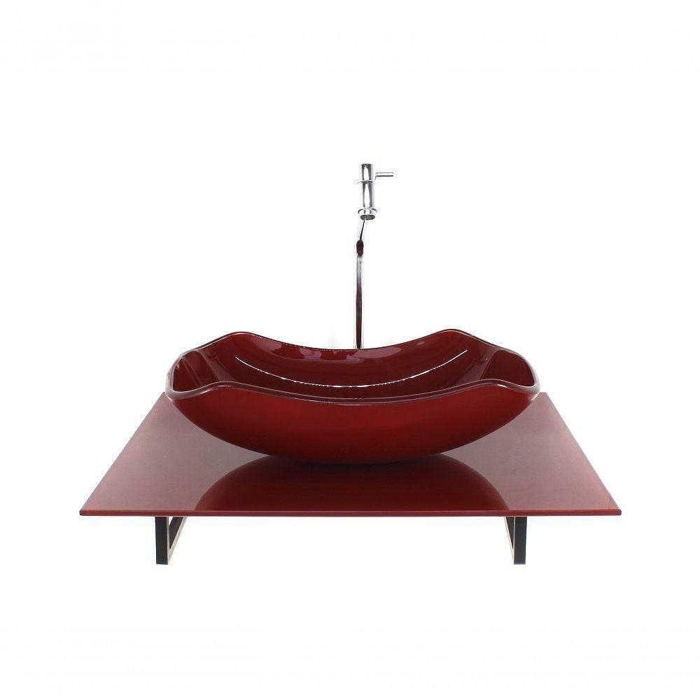 Kit Cuba De Vidro Com Tampo Vermelho E Torneira Valvula