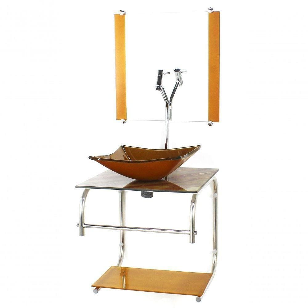 Gabinete De Vidro Para Banheiro 40cm Inox Cuba Quadrada Com Sifao E Torneira Metal Cor:marmore Marfim