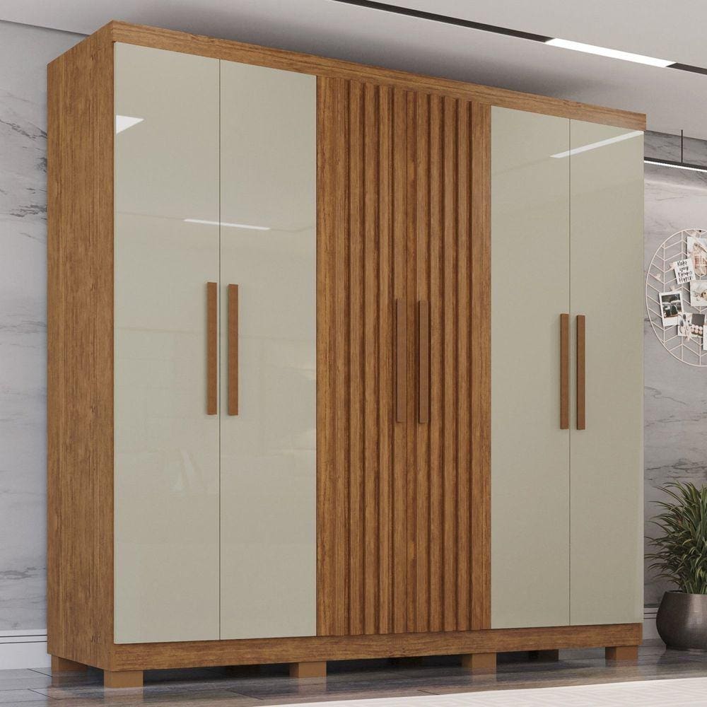 Guarda-Roupa com Ripado 6 Portas 4 Gavetas Sevilha Prime Cinamomo/Off/Cinamomo