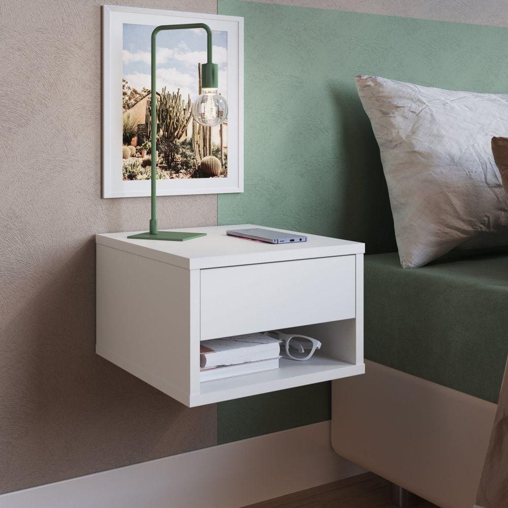 Mesa de Cabeceira Suspensa com 1 Gaveta Slim Branco