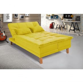 Sofá Cama Berlim 3 Lugares Império Reclinável Pés Madeira Com Banqueta Espuma D33 Suede Amarelo 374