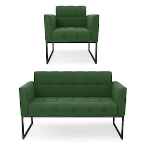 Kit 1 Sofá Namoradeira E 1 Poltrona Elisa Suede Base Metálica Industrial Preto - D`rossi Cor Verde