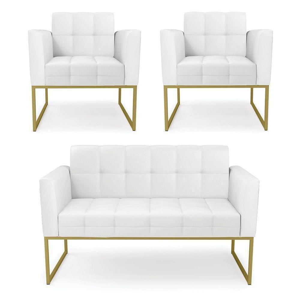 Kit 1 Sofá Namoradeira E 2 Poltronas Elisa Corino Branco Base Metálica Industrial Dourado - D`rossi
