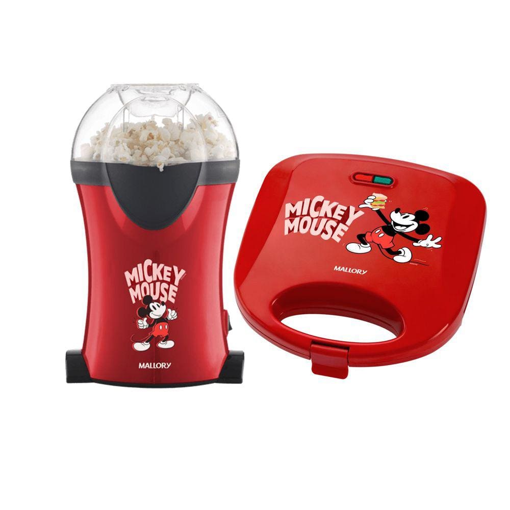 Kit Mallory - Pipoqueira Mickey Mouse 1200W Vermelha 220V + Sanduicheira Mickey Funny Plates 220V