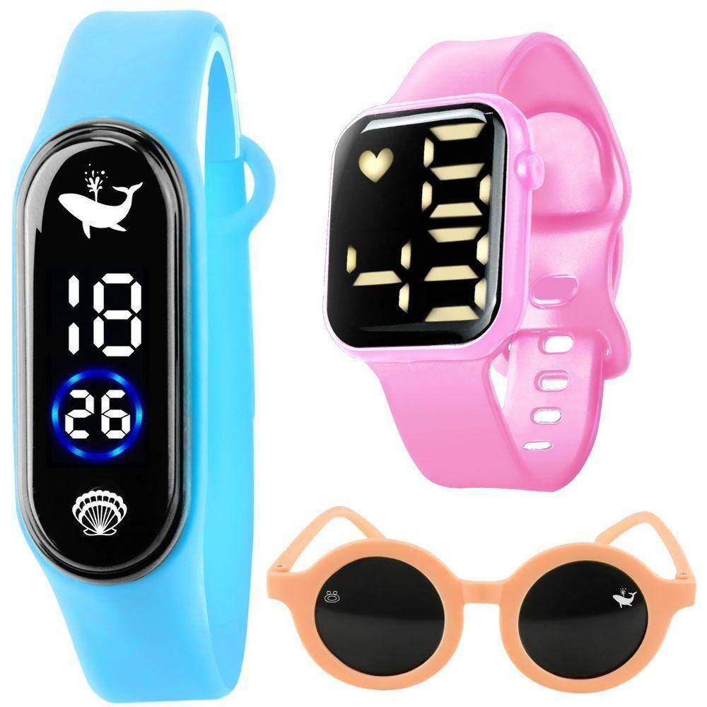 Relógio Digital Prova Dagua Infantil + Oculos + Bracelete Qualidade Premium Proteção Uv Azul Menina