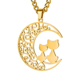 Colar Feminino Pingente Gato E Lua Maisie Banhado A Ouro 18k